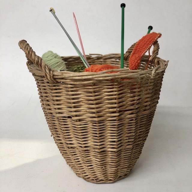 KNITTING BASKET, Woven Wicker Basket w Knitting Props